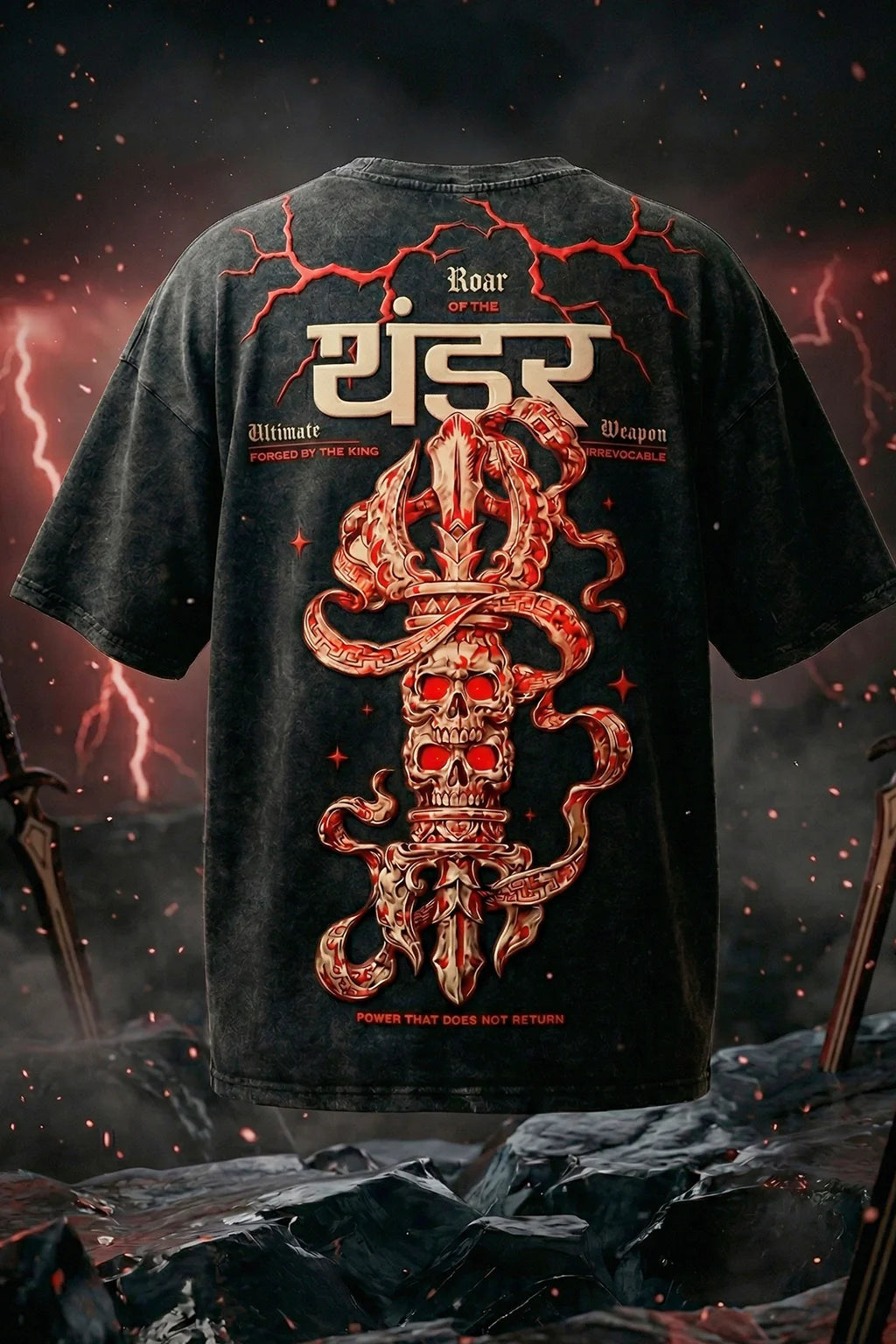 थंडर Black Acid Washed Puff Printed Exclusive T-shirt Epic Collection