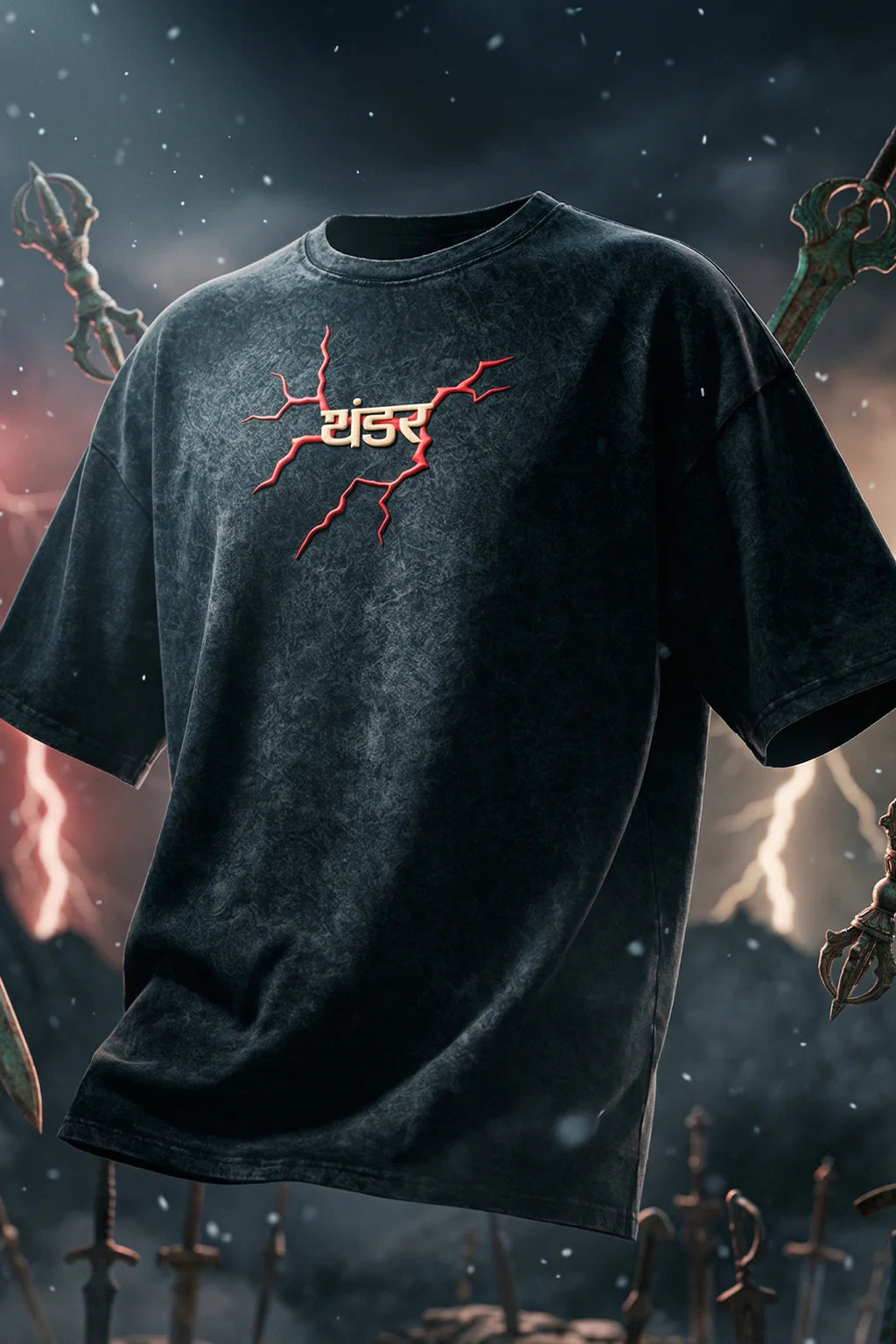 थंडर Black Acid Washed Puff Printed Exclusive T-shirt Epic Collection