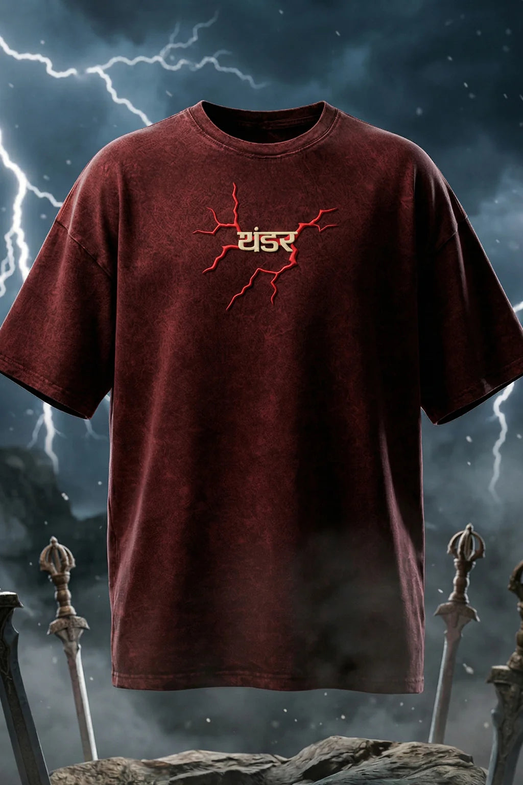 थंडर Maroon Acid Washed Puff Printed Exclusive T-shirt Epic Collection