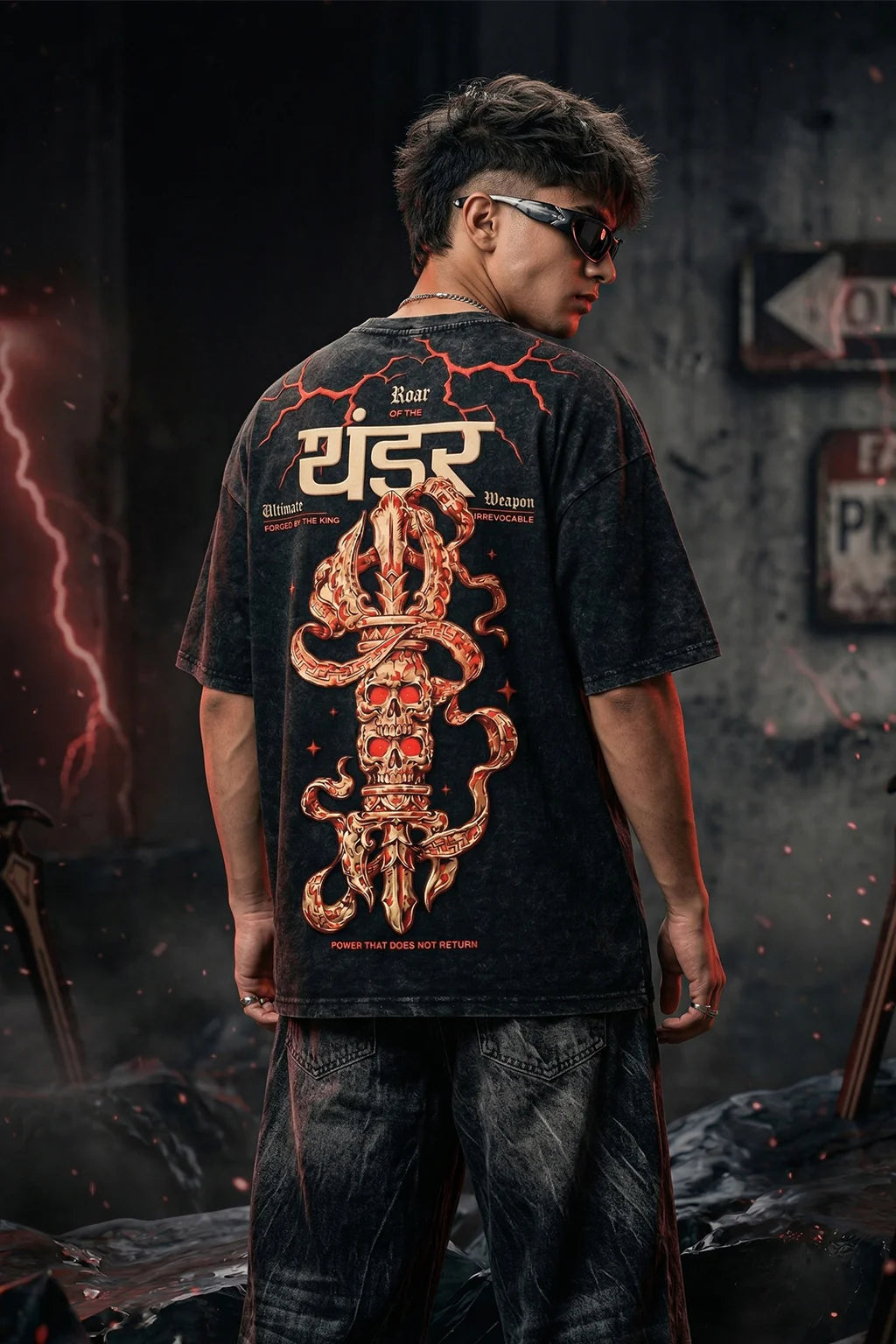 थंडर Black Acid Washed Puff Printed Exclusive T-shirt Epic Collection
