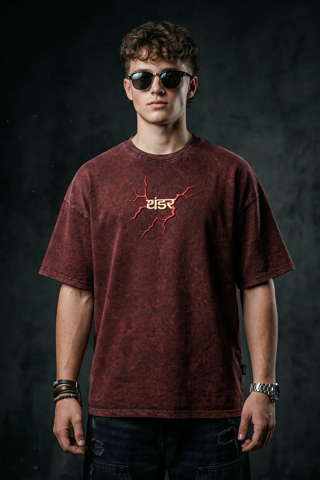 थंडर Maroon Acid Washed Puff Printed Exclusive T-shirt Epic Collection