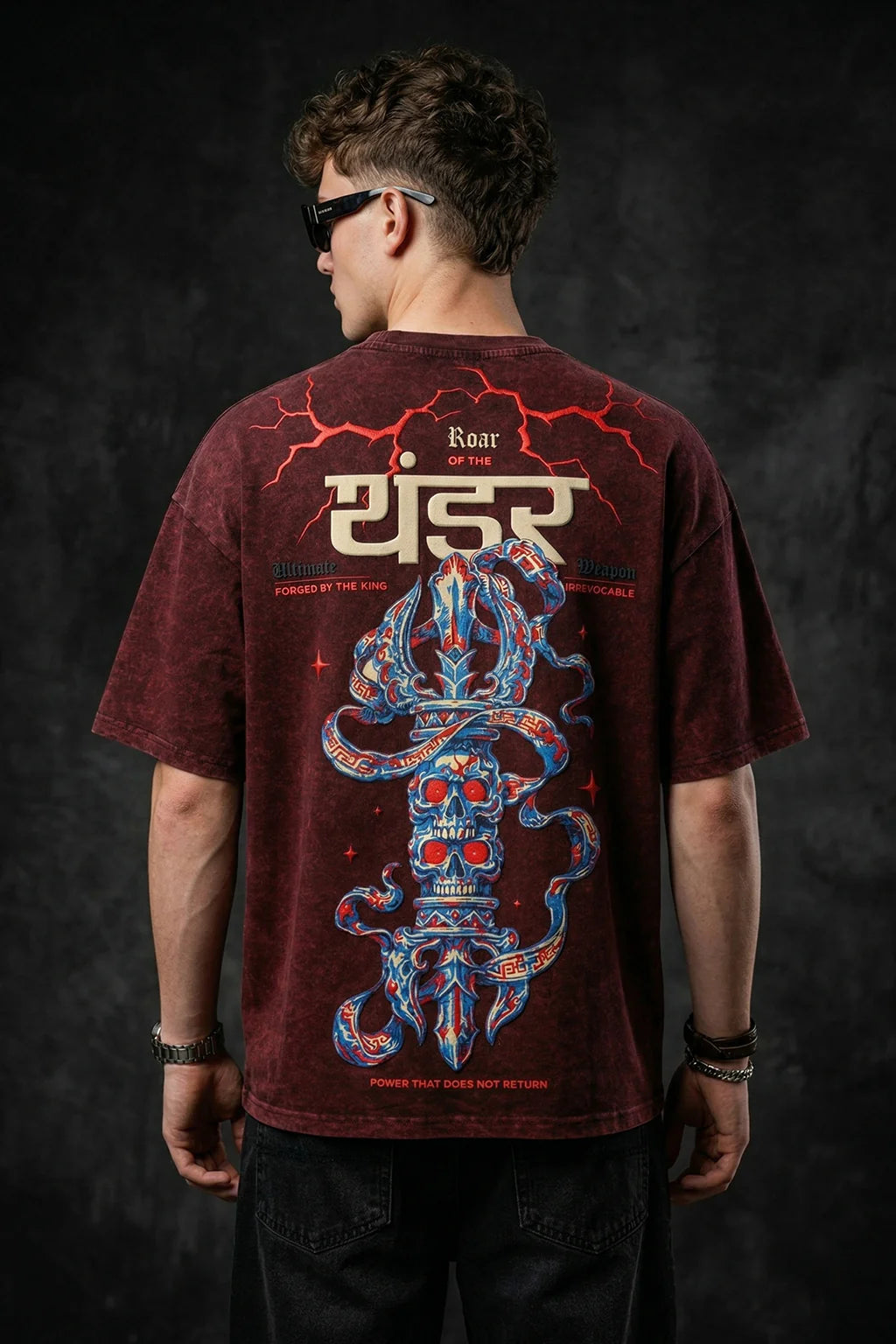 थंडर Maroon Acid Washed Puff Printed Exclusive T-shirt Epic Collection