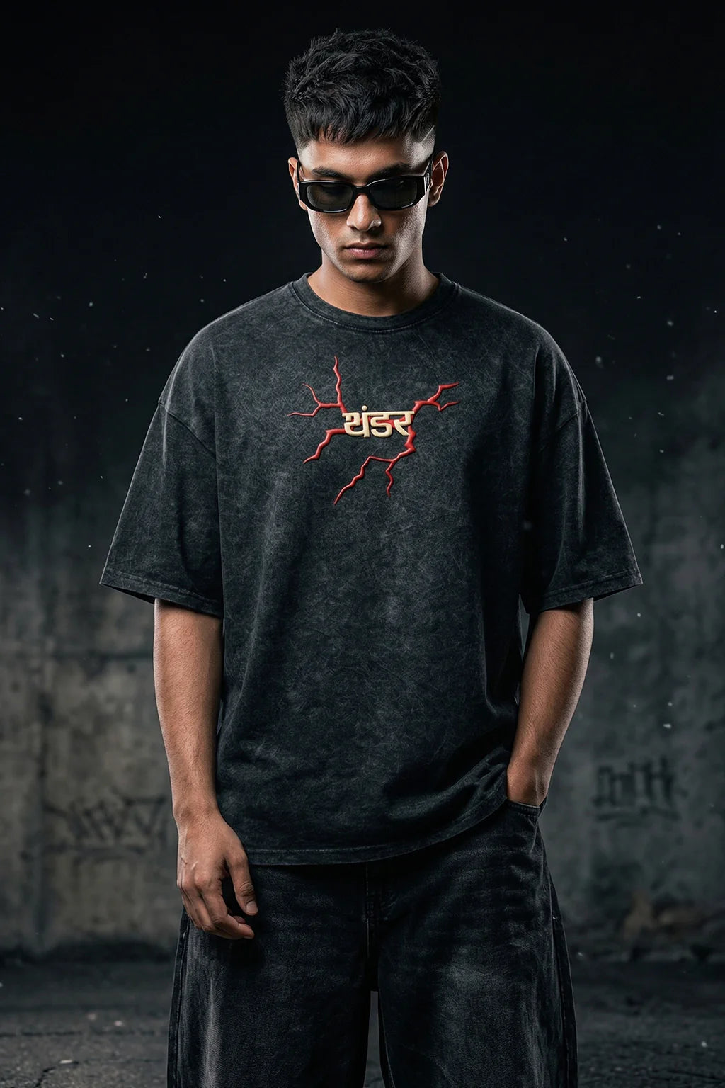 थंडर Black Acid Washed Puff Printed Exclusive T-shirt Epic Collection
