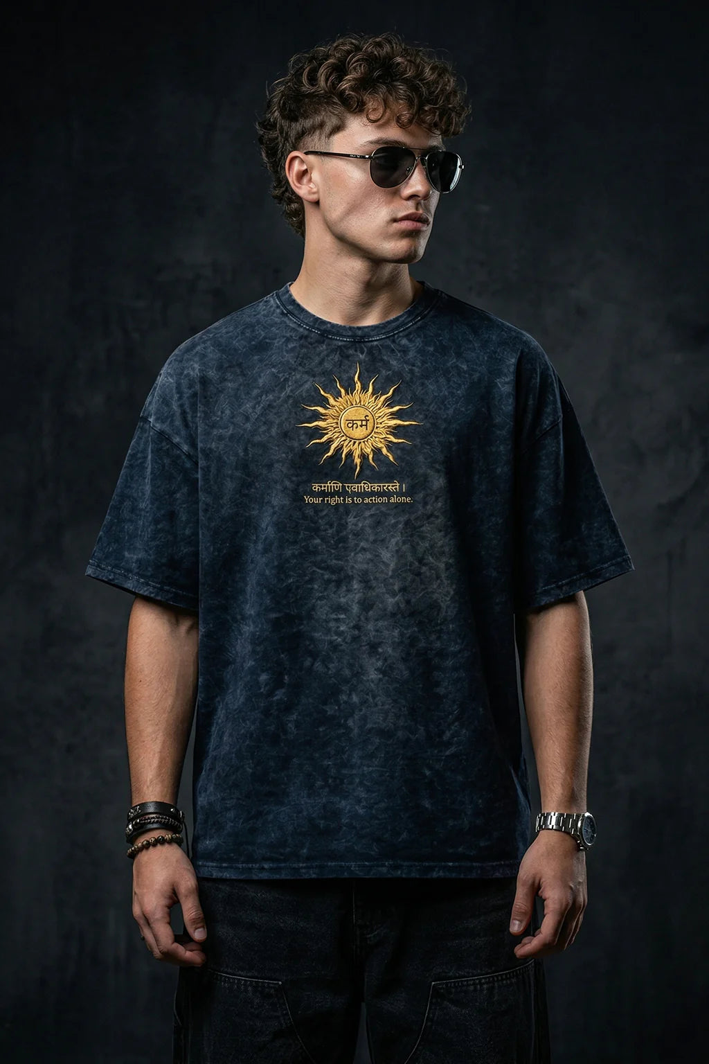 कर्म Navy Acid Washed Printed Exclusive T-shirt Epic Collection